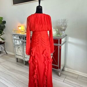 Boohoo Red Long-Sleeve Ruffle Maxi Dress